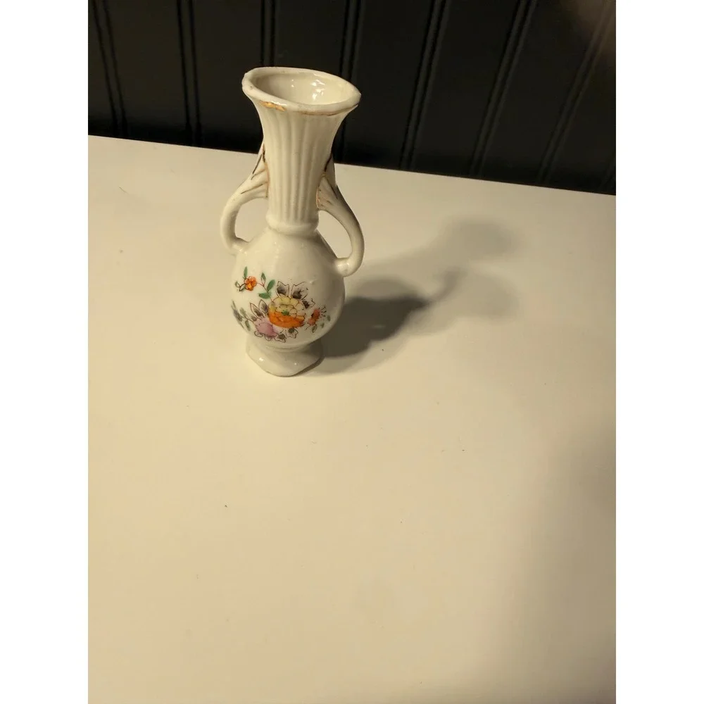 Vintage Miniature Porcelain Bud Vase Double Handle Floral Gold Trim Japan 4 Inch